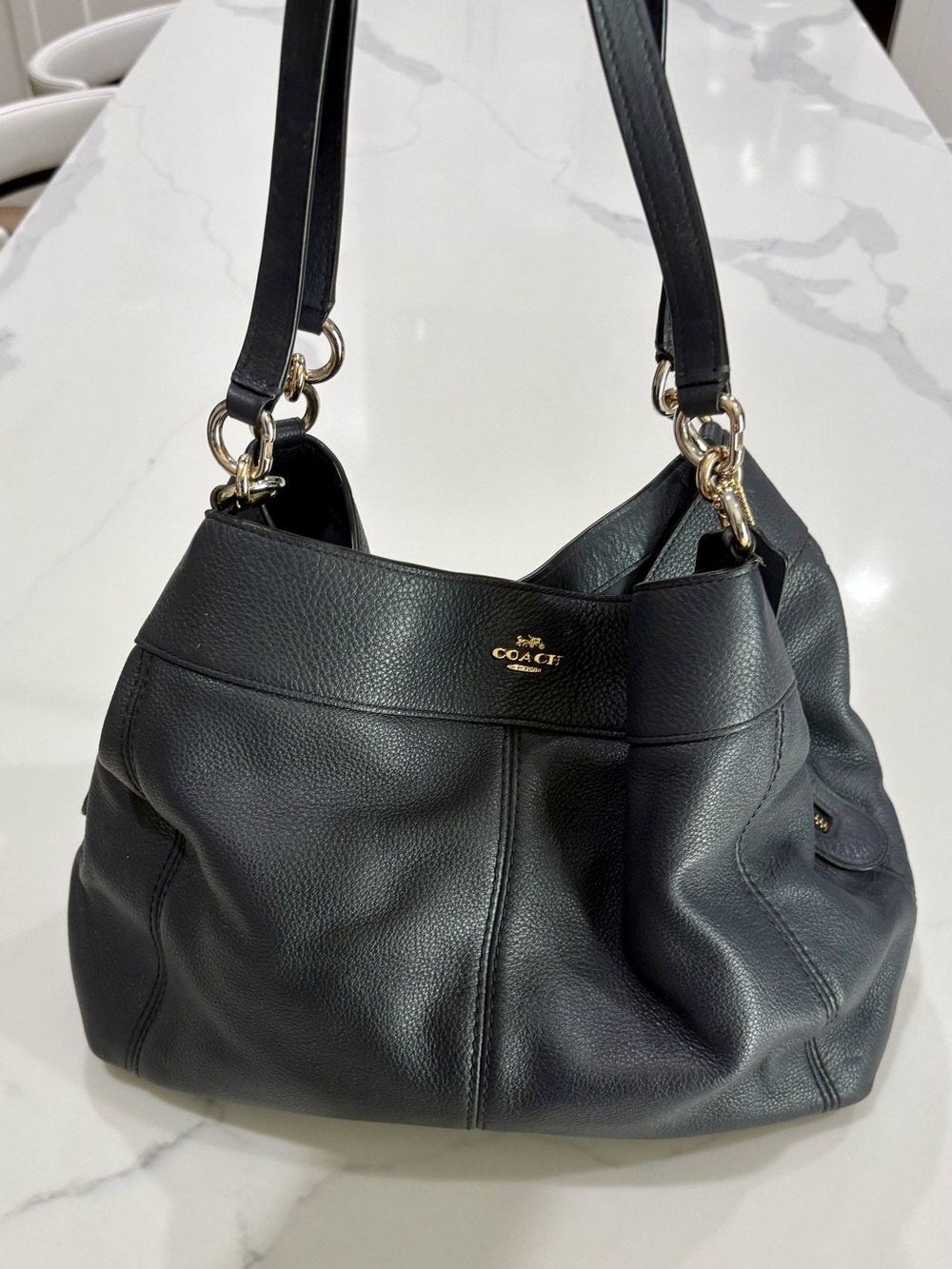 Coach Black Pebbled Leather Hobo Shoulder Bag with Gold Accents